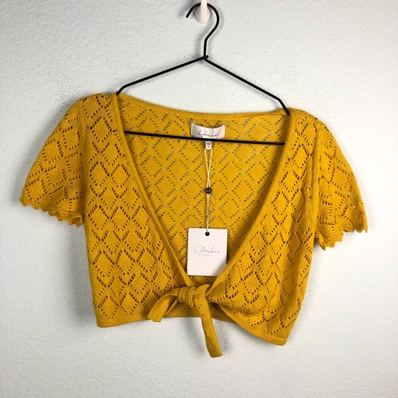 L’Academie Jacqueline Tie Front Crop Top Yellow XS - Picture 2 of 7
